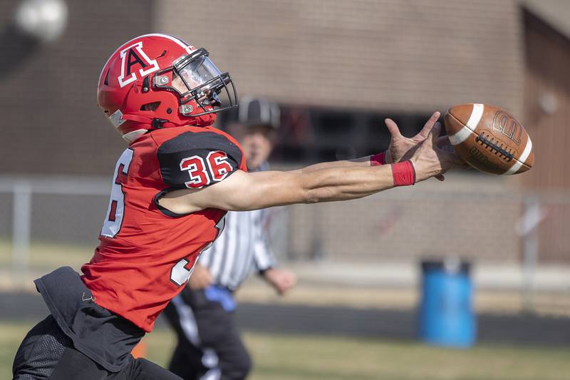 A pass is just out of reach of Amboy’s Caleb Yanos against West Central Saturday, Nov. 2, 2024, in the 8-man football league first round playoffs.