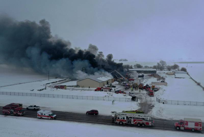 Flames and smoke billow from LSC Environmental Products on Monday, Jan. 22, 2024 near Lostant. The company was the former Phoenix Paper Products. It is located between Tonica and Lostant off of Illinois 251.