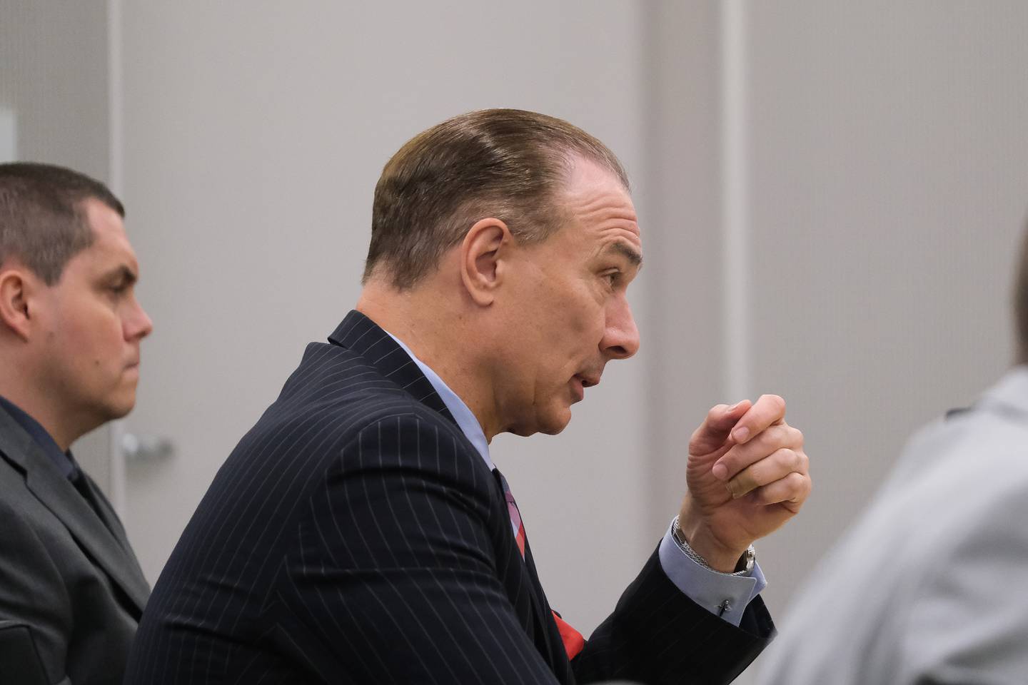 Defense attorney Chuck Bretz talks to the judge during the Jeremy Boshears trial. Boshears is charged with the murder of Kaitlyn “Katie” Kearns, 24, on Nov. 13, 2017. Monday, April 25, 2022, in Joliet.