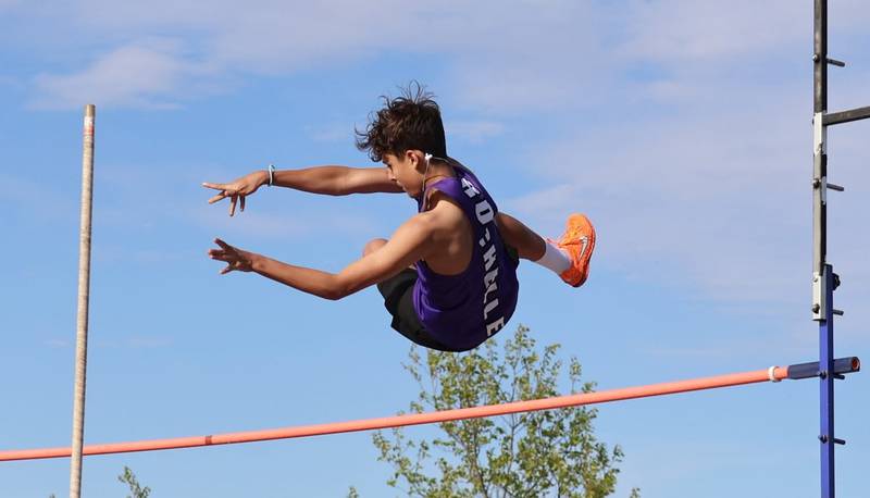 Rochelle's Kayl True soars in the pole vault during a meet held on April 28 in Rochelle.