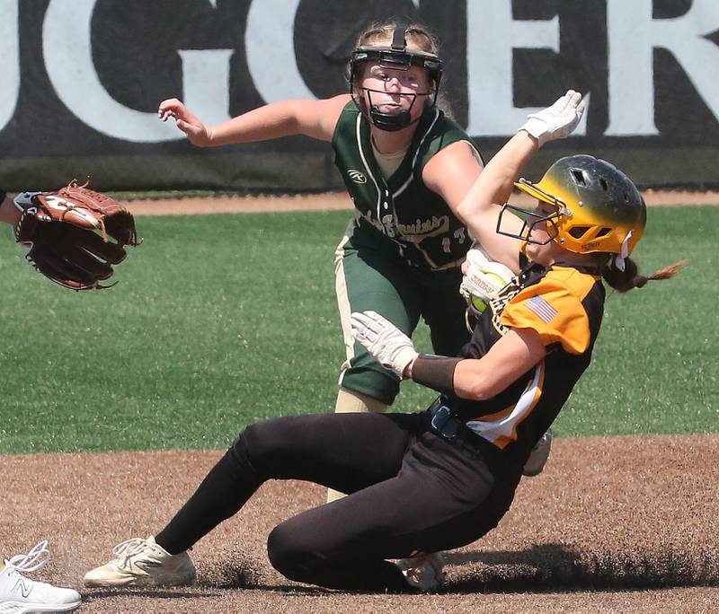 St. Bede's Madelyn Torrence tags out Goreville's Brea Suits while trying to steal second base in the Class 1A State semifinal game on Friday, June 2, 2023 at the Louisville Slugger Sports Complex in Peoria.