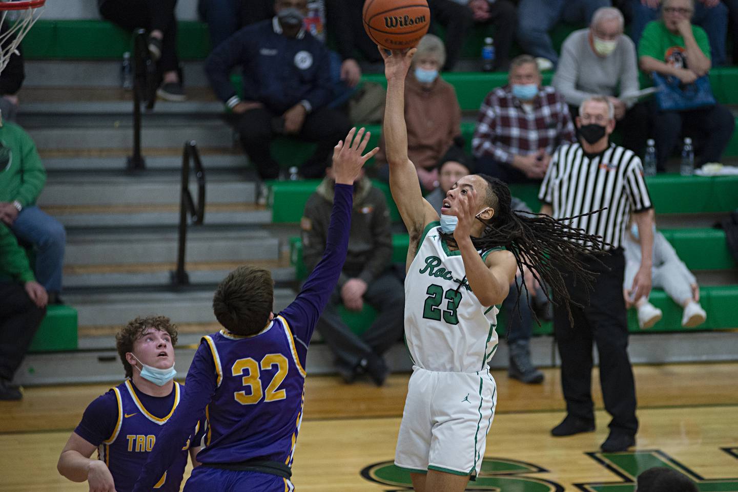 Rock Falls' Booker Cross puts up a shot against Mendota on Saturday, Jan. 22, 2022.