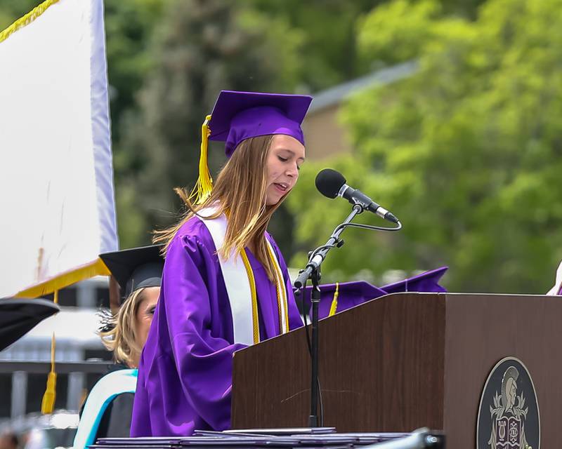 Elena Tomchek speaks during the Downers Grove North graduation ceremony at the school on Sunday, May 22, 2022