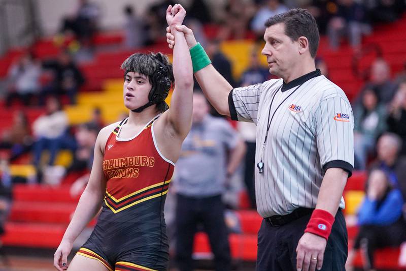 Shaumburg’s Valeria Rodriguez wins her 155 pound championship match against Hinsdale South’s Callie Carr  (not pictured) in the Schaumburg Girls Wrestling Sectional at Schaumburg High School on Saturday, Feb 10, 2024.