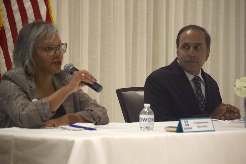 U.S. Representatives Robin Kelly (left) and Raja Krishnamoorthi at the Democratic U.S. Senate forum at the International Brotherhood of Electrical Workers in Joliet on Sunday, Sept. 14, 2025.