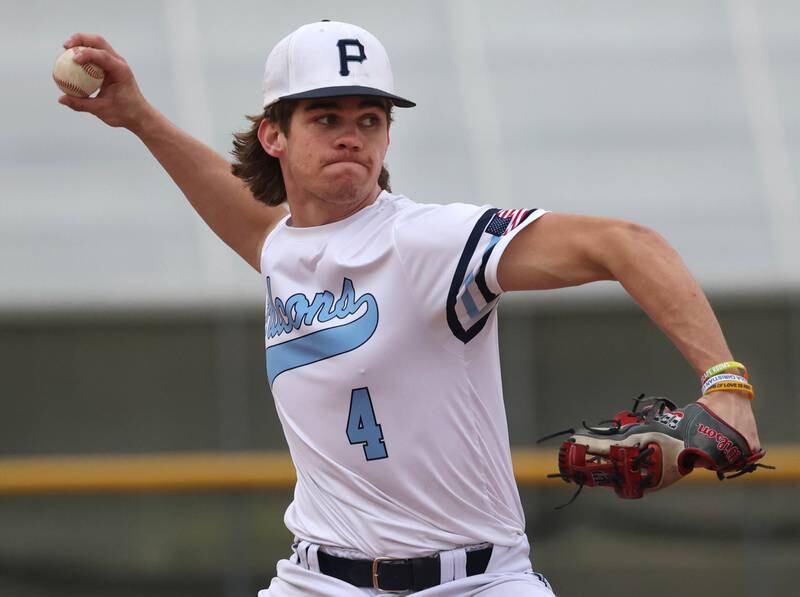 Parkview Christian Academy's Landon Malkowski delivers a pitch Thursday, April 17, 2025, during their game at Hiawatha High School in Kirkland.
