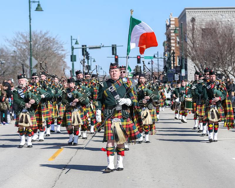 The Stockyard Kilty Band march in the Lemont St. Pat's Day Parade on Saturday, March 8, 2025  in Lemont.