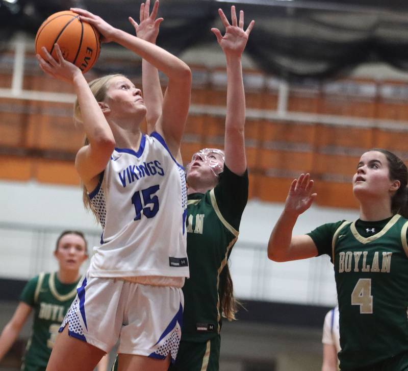 Geneva’s Emma Peterson soars to the net past Boylan’s Zoey Schmidt in girls IHSA Class 3A Sectional basketball on Tuesday, Feb. 24, 2026, at Crystal Lake Central High School in Crystal Lake.