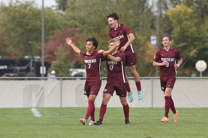 Lockport’s Ismael Gomez (7) celebrates a goal against Lincoln-Way East in the Class 3A Lockport Regional semifinal on Wednesday, Oct. 18 in Lockport