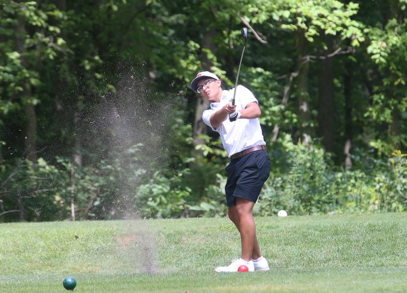 L-P's Adan Chiu, hits toward the third hole during the Streator Bulldog Invitational on Monday, Aug. 25, 2025 at Eastwood Golf Course in Streator.