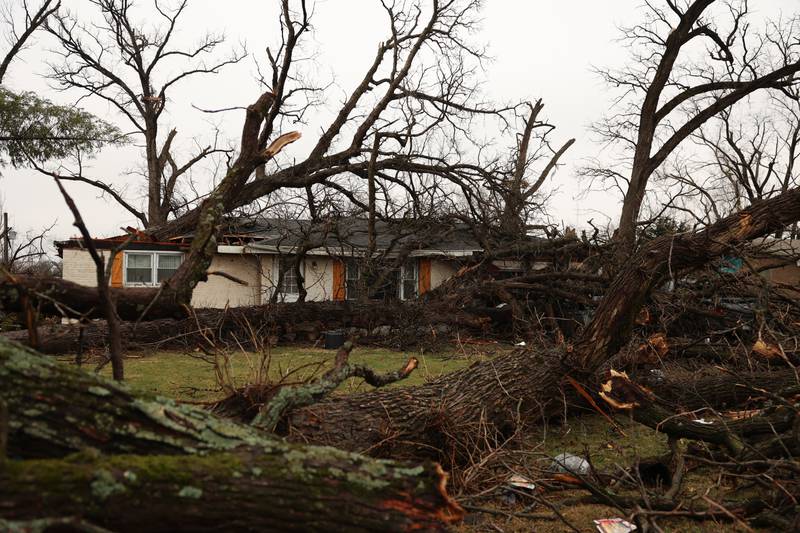Damage is seen along Oakwood Drive in Aroma Park  on March 11, 2026 following a March 10 tornado that passed through Kankakee County.