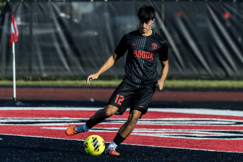 Bolingbrook's Jake Walters takes control of the ball during a varsity soccer home game against Minooka on Sept. 16, 2025.
