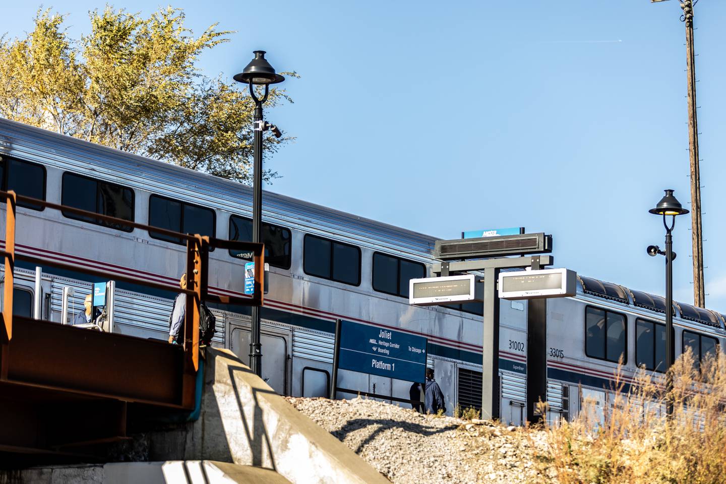 A train arrives at Joliet Gateway Center, located at 90 E Jefferson St, as pictured on Nov. 13, 2025.