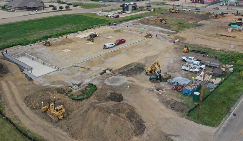 An aerial view of the intersection of Backbone Road and North Main Street on Tuesday, July 8, 2025 in Princeton. The foundation of a future Aldi store can be seen in the distance. Work started on the property beginning in April this year.
