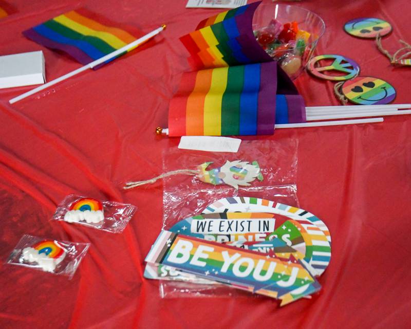 Pride party favors are placed on each table during the inaugural Pride in the 815 event to kick off Pride Month in DeKalb County held on Saturday June 1, 2024.