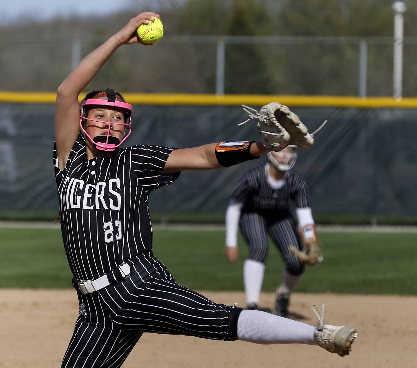 Crystal Lake Central's Oli Victorine throws a pitch during a Fox Valley Conference softball game against Prairie Ridge on Monday, April 20, 2026, at Prairie Ridge High School.