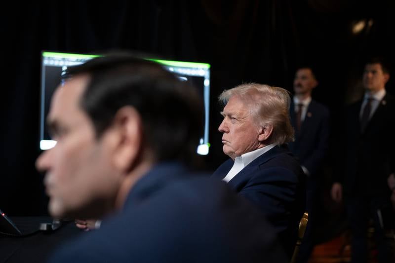 In this photo released by the White House, President Donald Trump monitors U.S. military operations in Venezuela, with Secretary of State Marco Rubio at Mar-a-Lago in Palm Beach, Fla., Saturday, Jan. 3, 2026. (Molly Riley/The White House via AP)