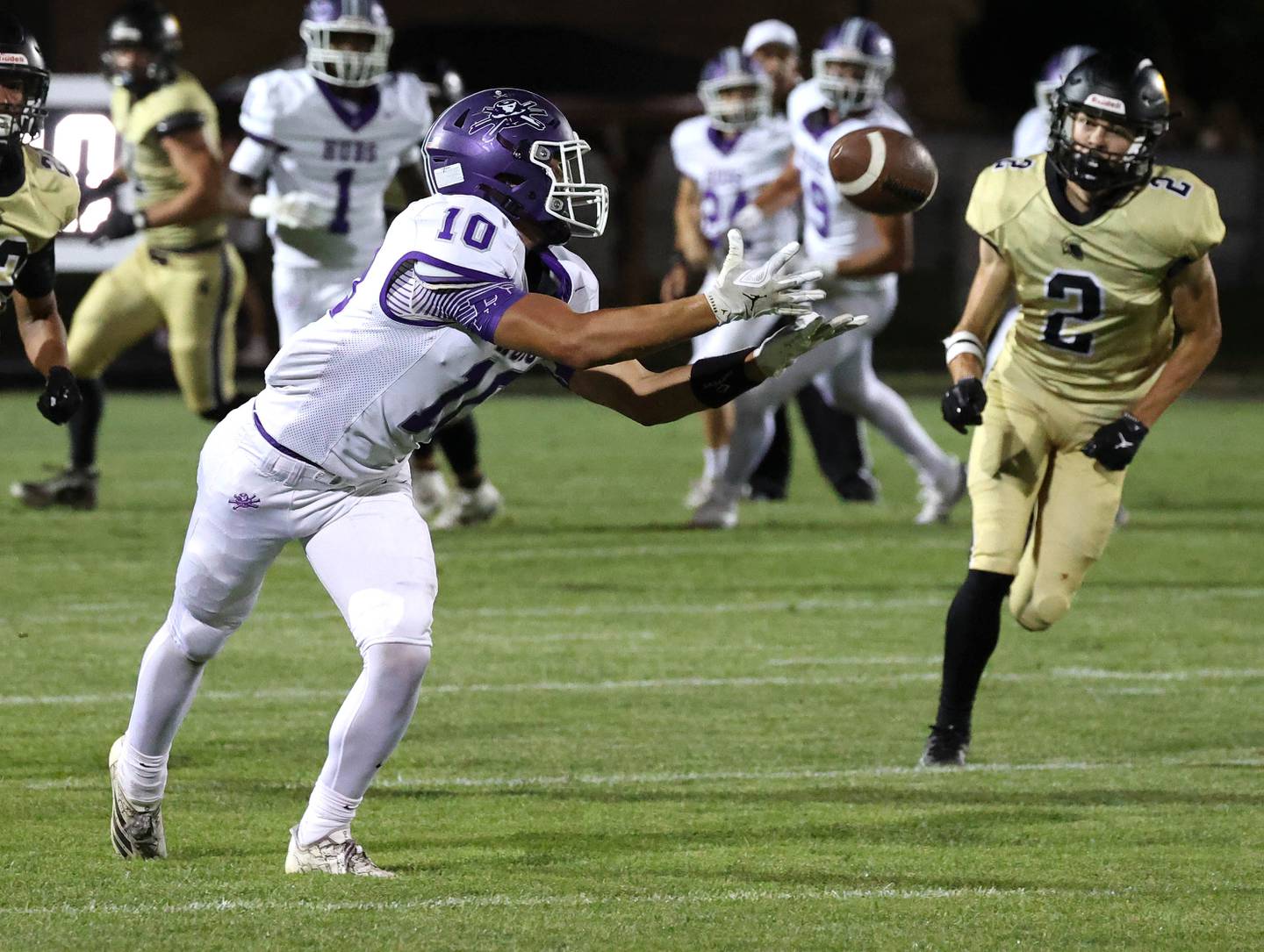 Rochelle's Dylan Manning makes a diving catch ahead of Sycamore's Luke Howieson during their game Friday, Sept. 19, 2025, at Sycamore High School.