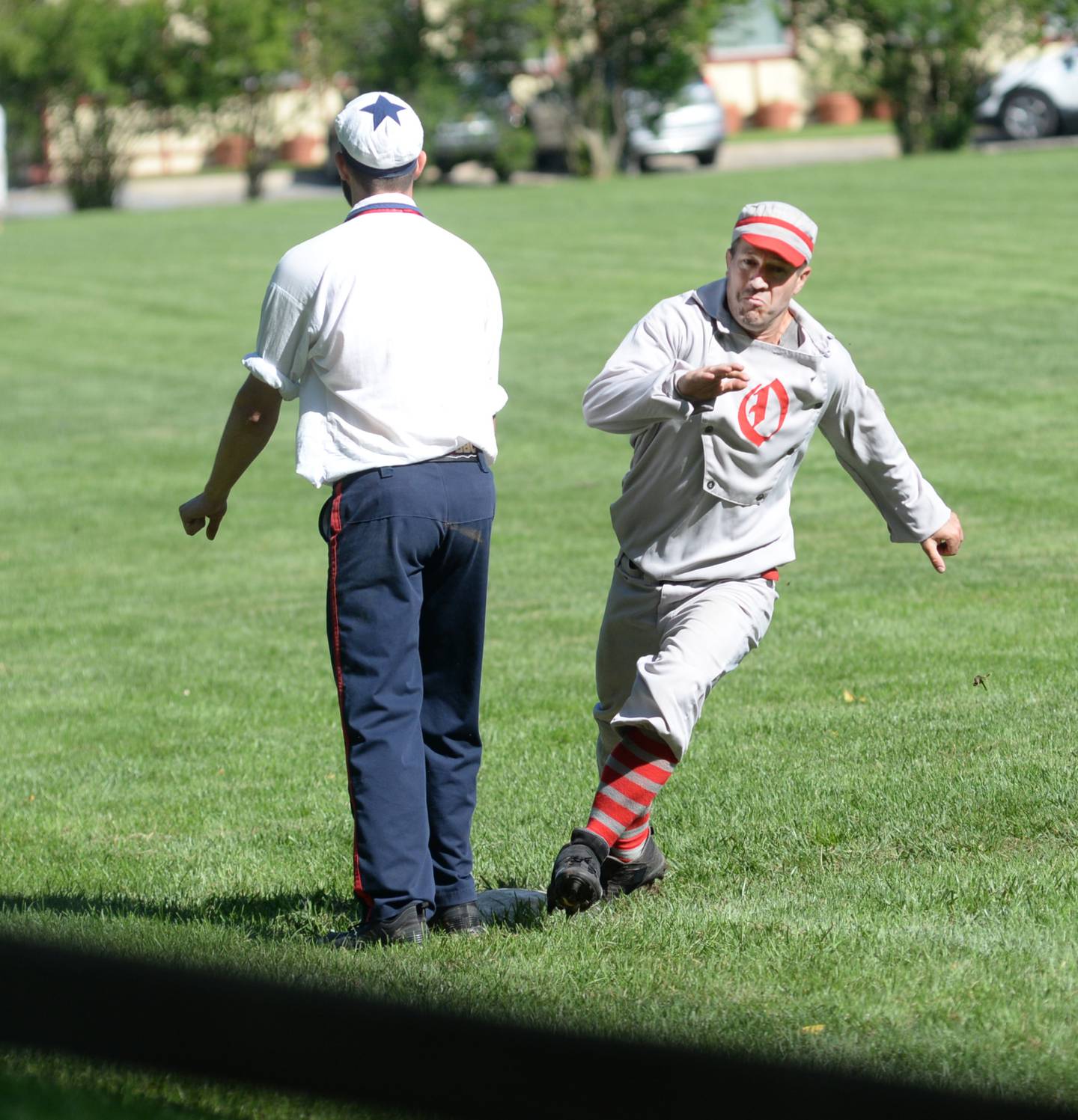 Eric "The Liberator" Berg rounds third base for the Oregon Ganymedes in their opening game at the 21st Annual World Tournament of Historic Base Ball in Dearborn, Michigan on Saturday, Aug. 10, 2024. The Ganymedes won the game and will play a second game at 3:30 p.m.
