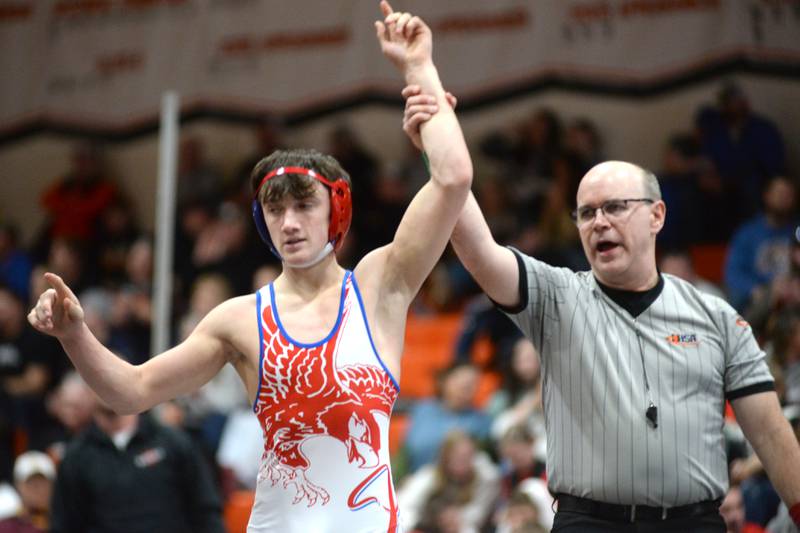 Oregon's Nelson Benesh defeated Lena Winslow's Sam Sikora in the 132-pound title match at the 1A Byron Regional on Saturday, Feb. 8, 2025 He will compete next week at the Oregon Sectional.