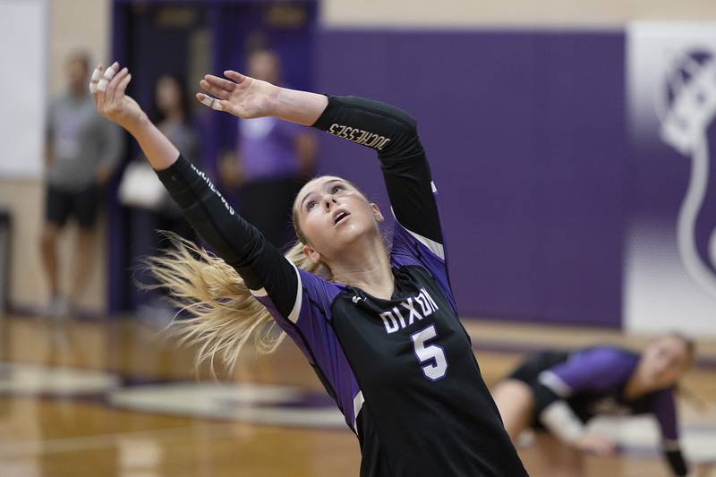 Dixon’s Morgan Hargrave plays the ball against LaSalle-Peru Wednesday, Sept. 10, 2025.
