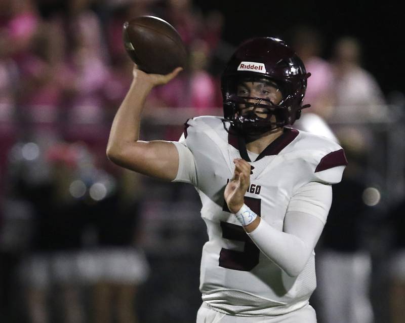Marengo's Sam Vandello throws a pass during a Kishwaukee River Conference football game on Friday, Oct. 17, 2025, at Richmond-Burton High School in Richmond.