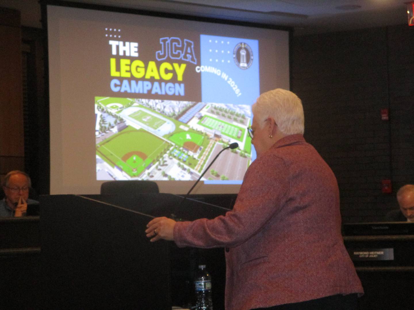 Sister Jeanne Bessette, president of the Joliet-based Sisters of St. Francis of Mary Immaculate, speaks in favor of the Joliet Catholic Academy plan for an on-camput football stadium at a meeting of the Joliet Plan Commission. Nov. 20, 2025