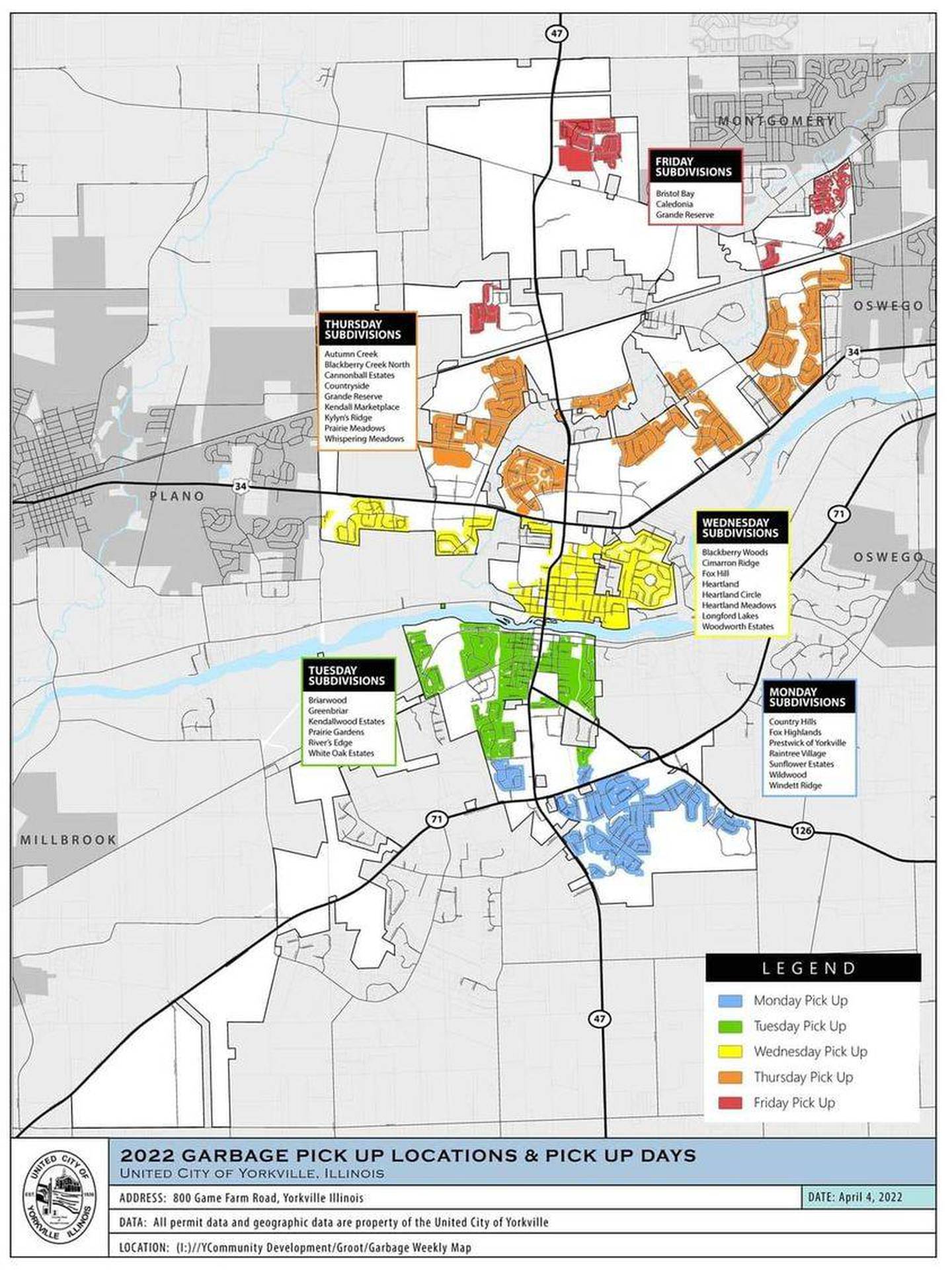 This map shows the five-day per week trash pick-up schedule for Groot in Yorkville. Blue is Monday, green is Tuesday, yellow is Wednesday, orange is Thursday and red is Friday. (City of Yorkville)