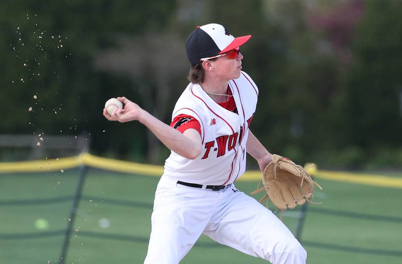 Indian Creek's Jakob McNally throws to first during their game against Hinckley-Big Rock Monday, April 29, 2024, at Indian Creek High School.