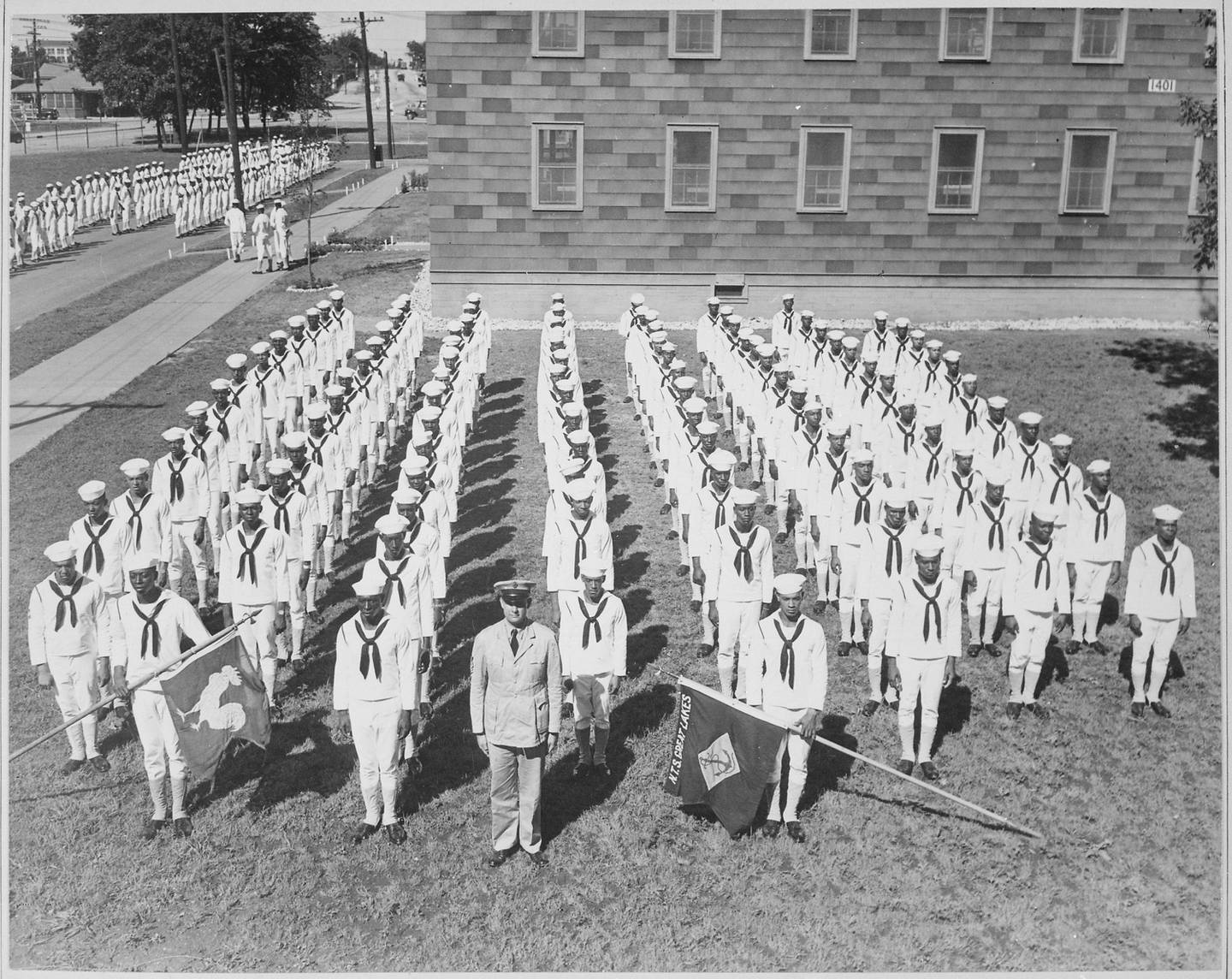 Black recruits are pictured at Naval Station Great Lakes in 1943