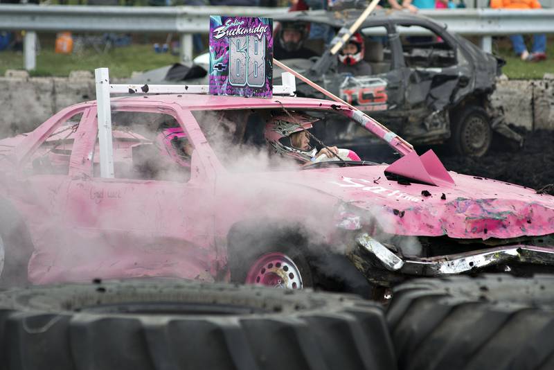 Salina Breckenridge's car belches out smoke during her derby heat Saturday in Morrison.