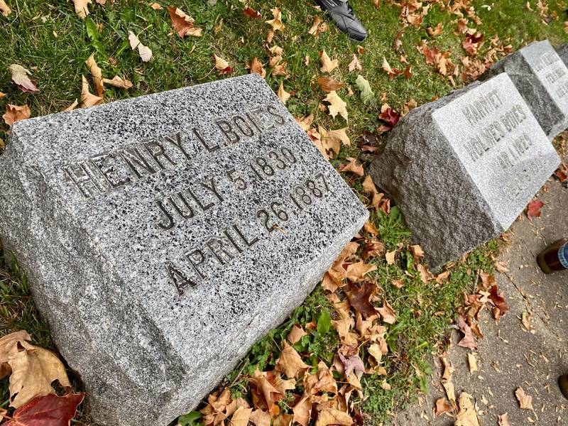The gravestone of Henry Boies, who lived from 1830 to 1887 and was the Sycamore True Republican's editor, author and community leader. The Boies family history was shared at the DeKalb County History Center’s annual Etched in Stone Cemetery Walk at Elmwood Cemetery, 901 S. Cross St., Sycamore on Sunday, Oct. 8, 2023.
