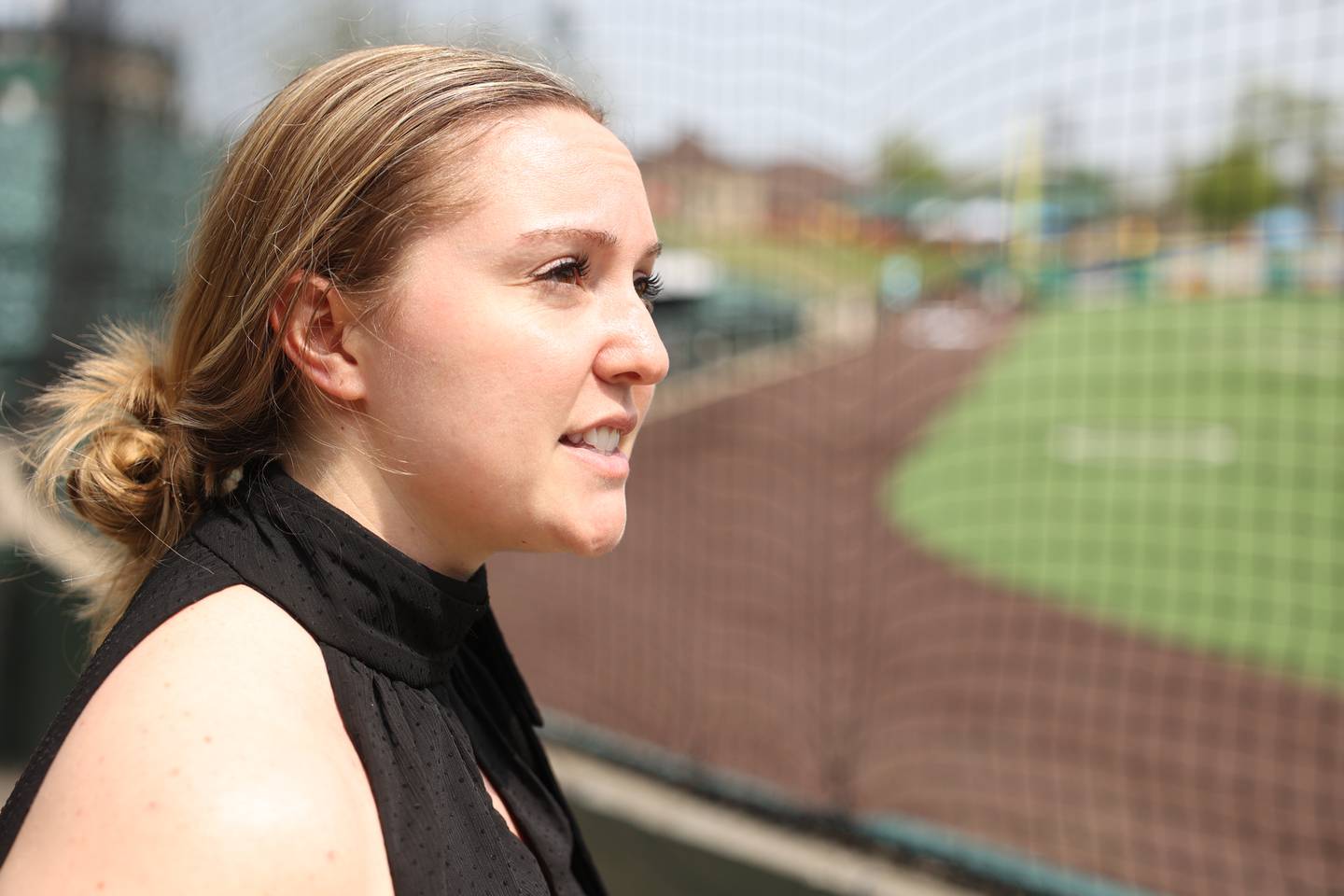 Lauren Baca Joliet Slammers Director of Marketing and Corporate Services talks about new partnerships with local businesses at Duly Health and Care Stadium home of the Joliet Slammers baseball team. Tuesday, May 10, 2022, in Joliet.