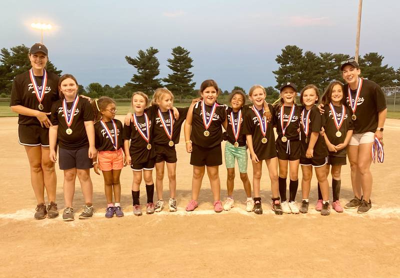 The Pirates captured the Princeton Girls Instructional League championship at Zearing Park. Team members are: (front row, from left to right) coach Nicole Ori, Harmony Gurley, Natalie Stewart, Remey Johnson, Tessa Sayler, Riley Bopes, Abigail Stewart, Alexis Clark, Harper Ori, Kaylee Johnston, Gabriela Ochoa and coach Jessica Johnston.