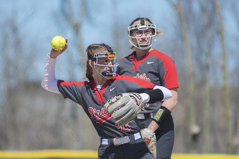 Ottawa's Hailey Larsen fires to first for an out against Rock Falls Saturday, April 9, 2022.