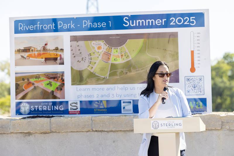 Sterling mayor Diane Merdian speaks about the riverfront park project that broke ground Tuesday, October. 1, 2024. The park is situated on land previously used by Northwestern Steel and Wire.