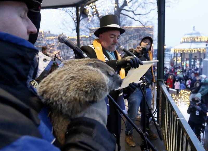 Woodstock Willie is held by handler Mark Szafarn as Willie makes his prognostication of an early spring Wednesday, Feb, 2, 2022, as Woodstock Mayor Mike Turner announces Willie’s findings during the annual Groundhog Day Prognostication on the Woodstock Square. This is the 30th anniversary of the movie "Groundhog Day" that was filmed in Woodstock.