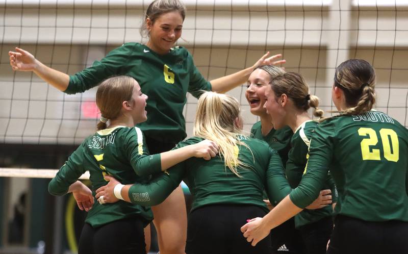 Crystal Lake South’s Gators celebrate a win over Lakes  in IHSA Class 3A Sectional semifinal volleyball action on Tuesday, Nov. 5, 2024, at  Crystal Lake South High School  in Crystal Lake.