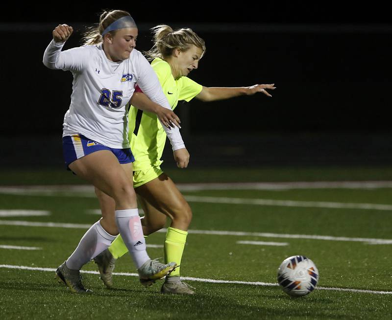 Johnsburg's Jacquelyn Douglas and rb6\ battle for the ball during Kishwaukee River Conference Girls Soccer  Tournament Championship Match Wednesday, May 3, 2023, at Richmond-Burton High School.
