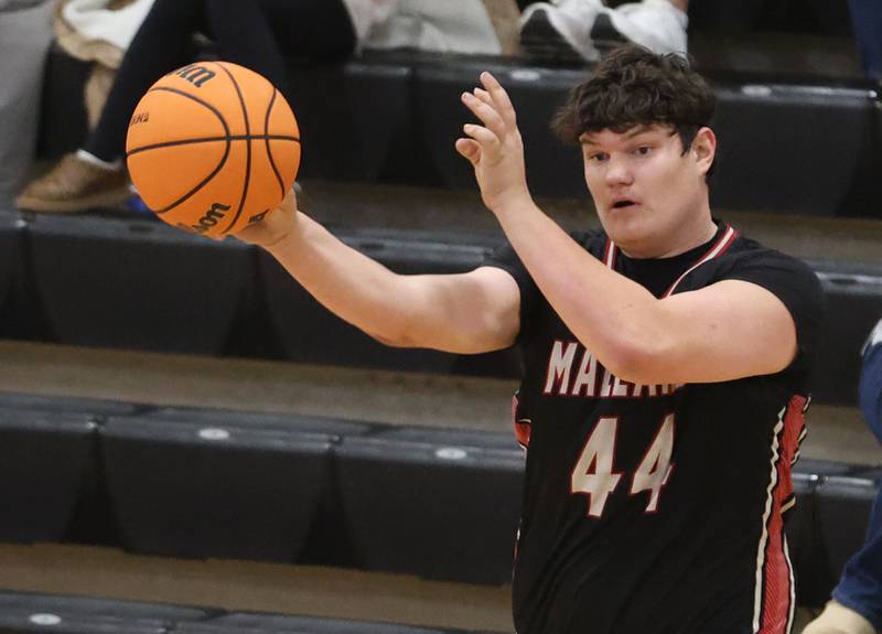 Henry-Senachwine's Bobby Gaspardo looks to pass the ball down the court against Woodland during the Tri-County Conference Tournament on Monday, Jan. 26, 2026 at Putnam County High School