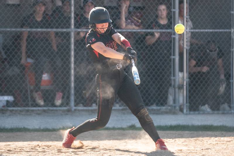 Yorkville's Katlyn Schraeder (12) slaps a two run double against Plainfield North during the Class 4A Yorkville Regional softball final at Yorkville High School on Friday, May 26, 2023.