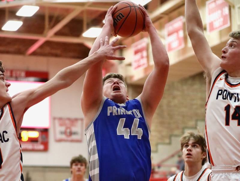 Princeton's Bennett Williams (44) grabs a rebound during the Dean Riley Shootin' the Rock Thanksgiving Tournament championship on Saturday, Nov. 26, 2022 in Ottawa.