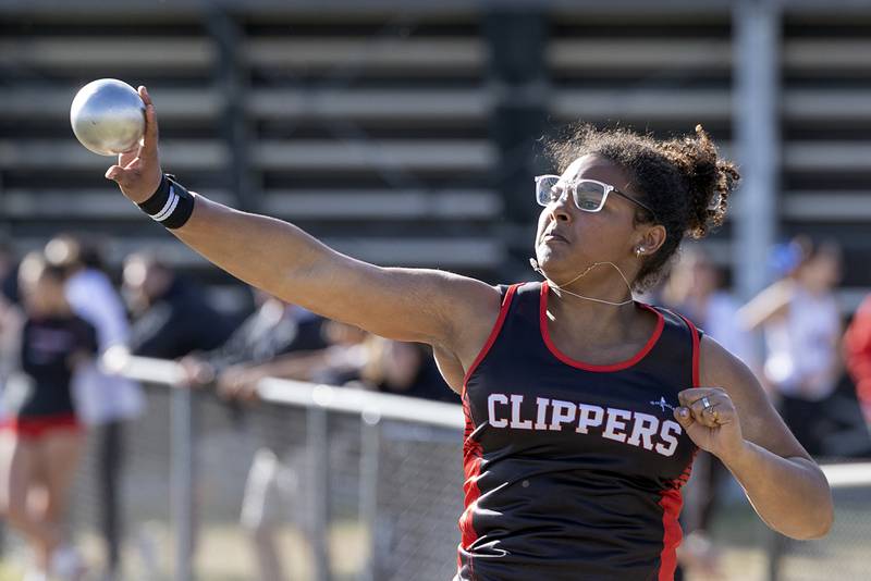 Amboy’s Olive Glasper throws the shot Wednesday, May 13, 2026, during the Class 1A Erie Sectional meet.