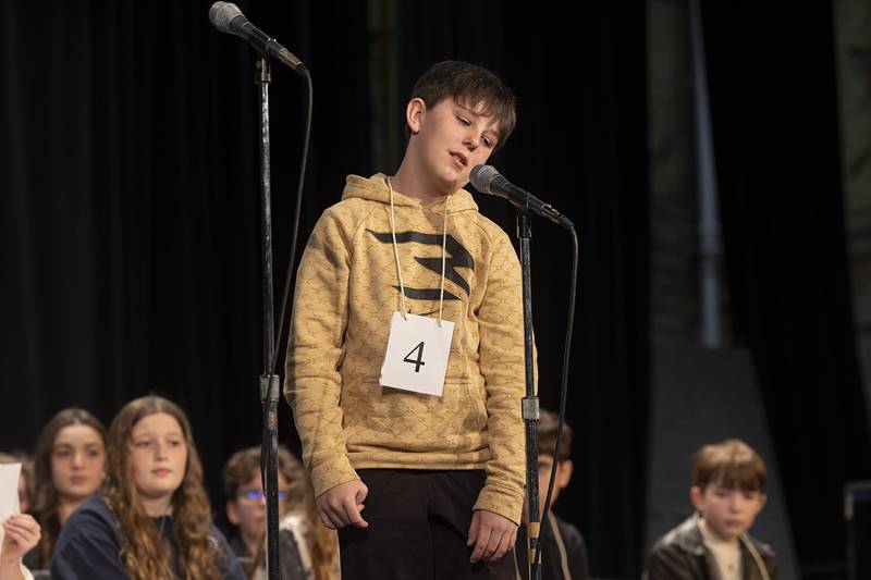 Madison School fifth grader Grant Kastner competes Thursday, Feb. 21, 2024 at the Lee-Ogle-Whiteside regional spelling bee. Kastner missed the word “bias” in round one.