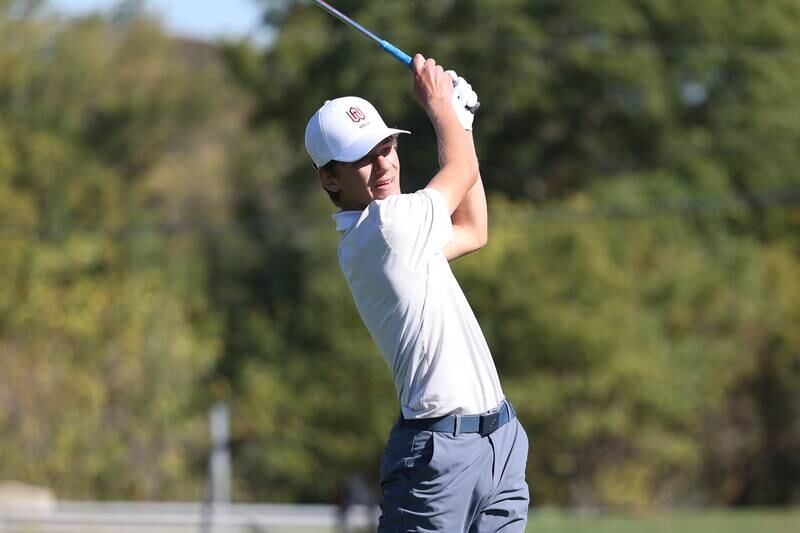 Wheaton Academy’s Ben Patel drives off the 15th hole in the Class 2A Lemont Boys Golf Sectional on Monday, Oct. 7, 2024 at Wedgewood Golf Course in Lemont.