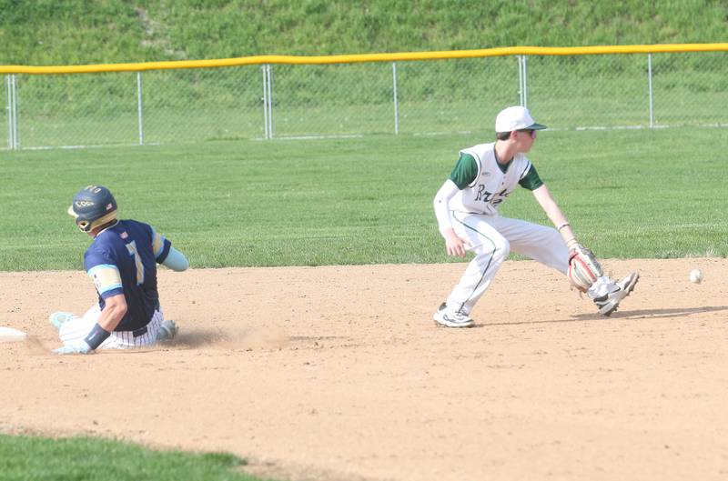 Marquette's Keaton Davis steals second base as the ball gets away from St. Bede's Alec Tomsha on Thursday, April 24, 2025 at St. Bede Academy.
