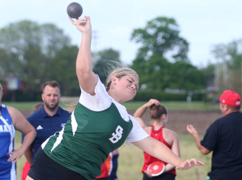 St. Bede's Savannah Bray throws shot put during the Class 1A Sectional meet on Wednesday, May 8, 2024 at Bureau Valley High School.