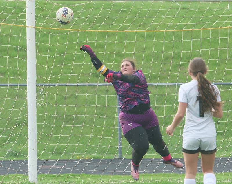 The ball sails over the head of L-P keeper Lily Higgins on Monday, April 13, 2026 on King Field at Ottawa High School.