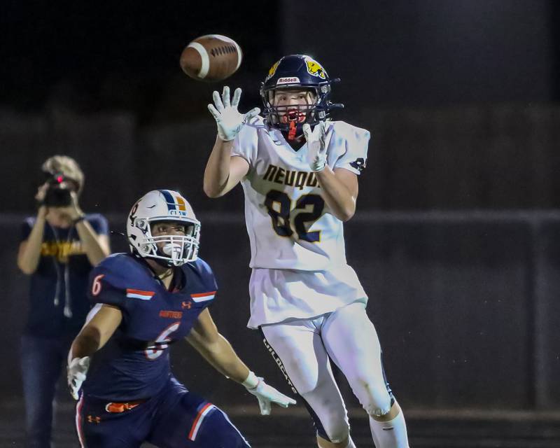 Neuqua Valley's Joshua Repann (82) makes a reception during a football game between Neuqua Valley and Oswego on Friday, Aug. 30, 2024 in Oswego. Gary E Duncan Sr for Shaw Local News Network.