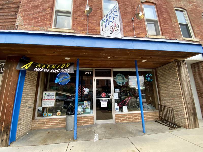 A deer crashed into a window at Blue Moon Bikes shop, 211 W. State St., on Saturday, Nov. 9, 2024. The damaged window, shown Sunday, Nov. 10, 2024, was boarded up by the next day.